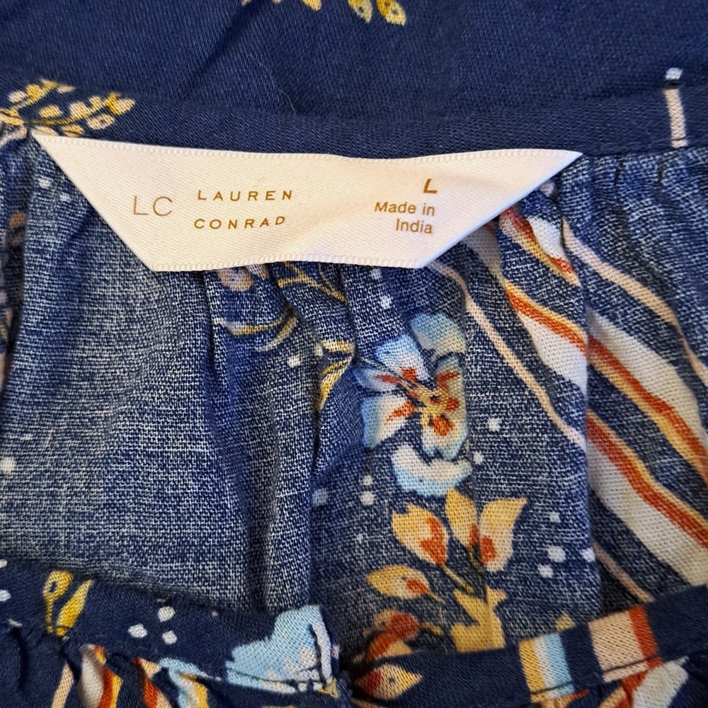 LC Lauren Conrad Blouse Women Large Blue Floral Diamond‎ Puff Sleeve Boho Top - Picture 9 of 13